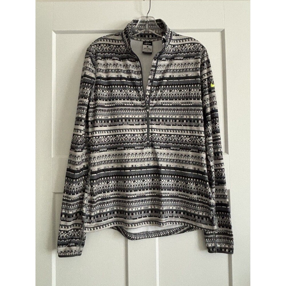 Women’s Nike Pro Half Zip Pullover Top Black White Gray Geometric Pattern Sz L